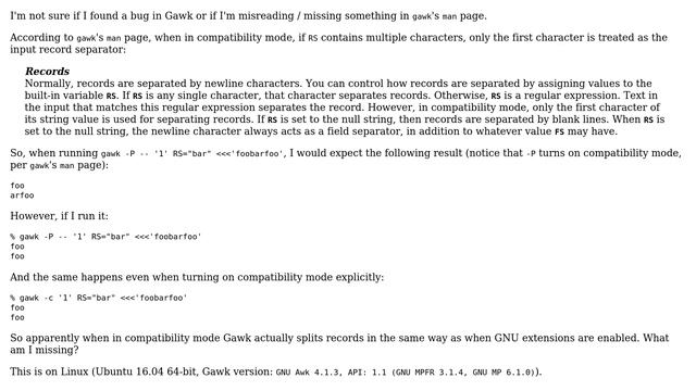 Why does Gawk in compatibility mode split records in the same way as when GNU extensions are... смотреть онлайн