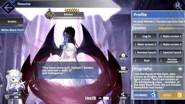 Azur Lane: New SMS Emden L2D Skin Talk & Move (White-Black Partita) [1440p