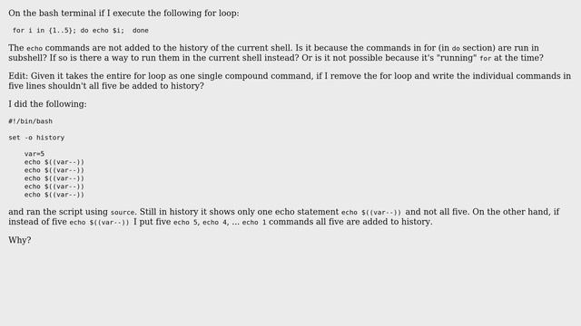 Unix & Linux: Bash for loop - can the commands in the loop be added to the shell's history? смотреть онлайн