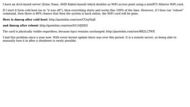Unix & Linux: WiFi card disappears after reboot, but not after cold boot смотреть онлайн