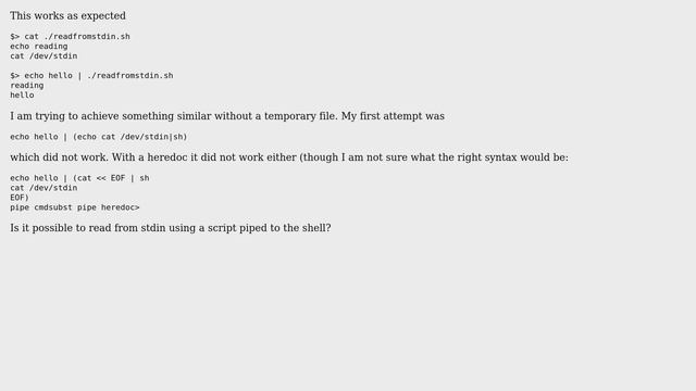Unix & Linux: read from stdin script in heredoc script piped to `sh` (2 Solutions!!) смотреть онлайн
