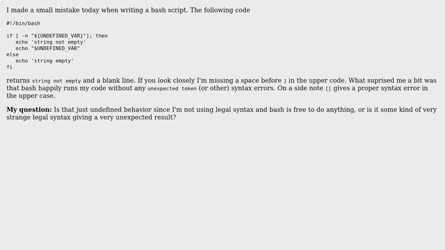 Unix & Linux: Missing space after bash test bultin - legal syntax or undefined? смотреть онлайн