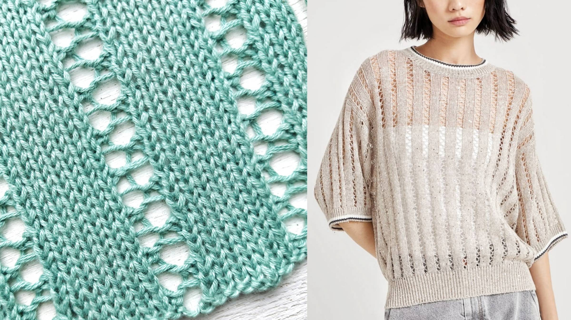 Простой узор джемпера и кардигана от Кучинелли / Лицевая гладь с ажурными вертикалями смотреть онлайн