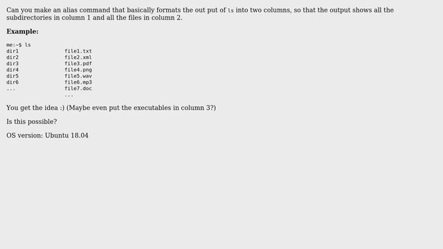 Unix & Linux: display ls output in 2 columns with directories in one and files in the other смотреть онлайн