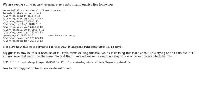 Unix & Linux: /var/lib/logrotate/status gets invalid entries смотреть онлайн