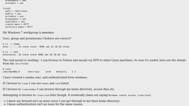 samba 'homes' share works, raid doesn't [fedora 17 to windows 7] смотреть онлайн