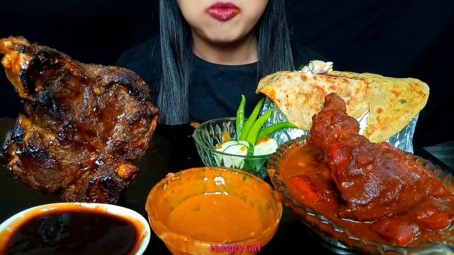 ASMR:EATING BIG SIZE BBQ STEAK,PUNJABI BUTTER CHICKEN & ALOO PARATHA,SHIMLA MIRCH CHICKEN#hungrygir