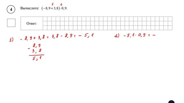 ВПР. Математика. 6 класс. Задание 4. Вычислите: (-8,9 + 3,8) * 0,9 смотреть онлайн