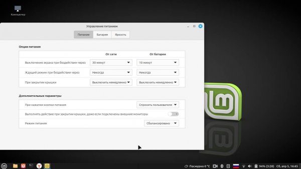 Linux Mint 22.1 Cinnamon, апплет управление питанием
