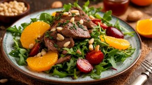 Готовим тёплый салат из куриной печени и рукколы с помидорами и апельсином.