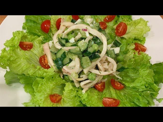 Салат с кальмаром, огурцом, яйцом и зеленым горошком смотреть онлайн