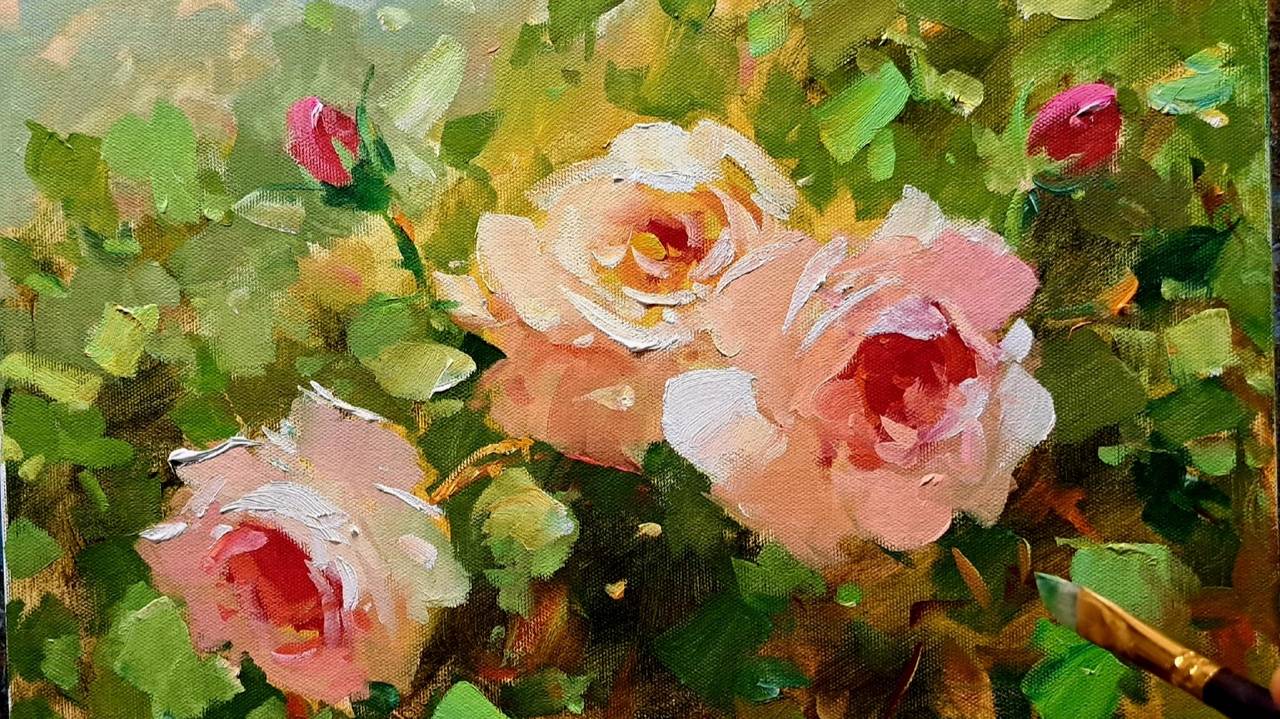 Розы в саду.Живопись маслом смотреть онлайн