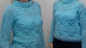 Мятный джемпер._ Техника поперечного вязания._ Подробный МК.