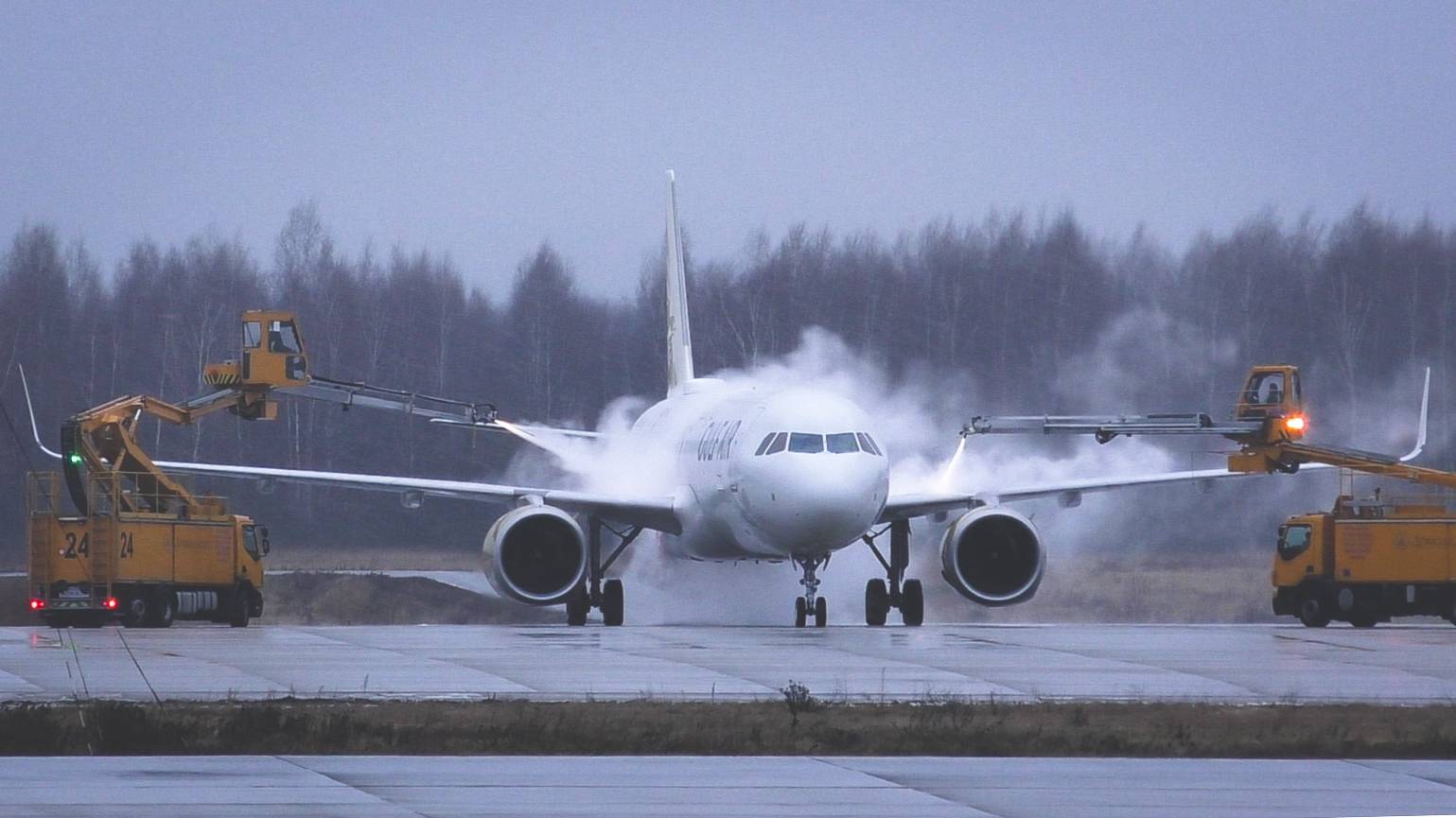 Аэропорт Домодедово. Противообледенительная обработка самолета Airbus A321- 253NX  Gulf Air