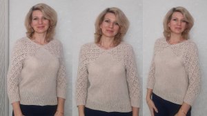 Джемпер с ленивым регланом и ажуром._Подробный МК.