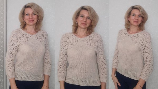 Джемпер с ленивым регланом и ажуром._Подробный МК.