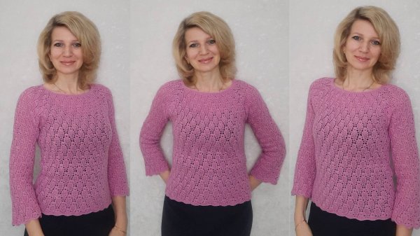 Джемпер регланом сверху крючком._ _Розовая нежность__Подробный МК.