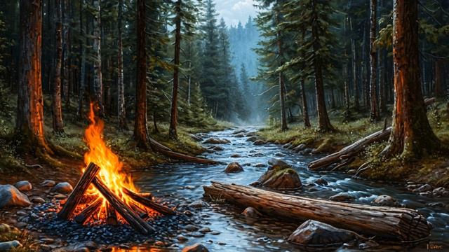 Костер у лесного ручья. Звук для расслабления