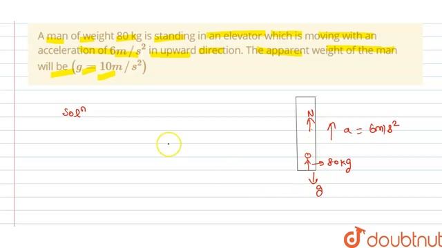 A man of weight 80 kg is standing in an elevator which is moving with an acceleration of 6m//s^(...