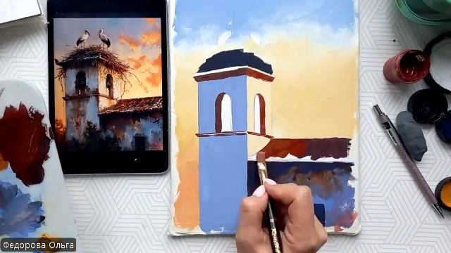 Гуашь. Аисты и колокольня