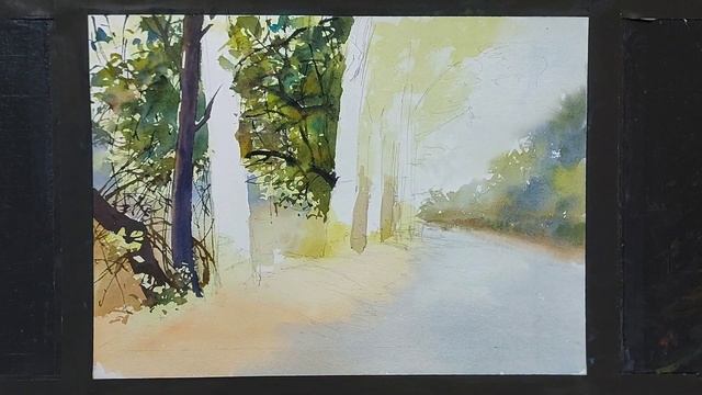 Simple Water Color Landscape Painting - Light And Shadow - By Artist Sunil Linus De