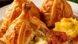 Мешочки из слоёного теста с курицей, пюре картофельное, грибы.