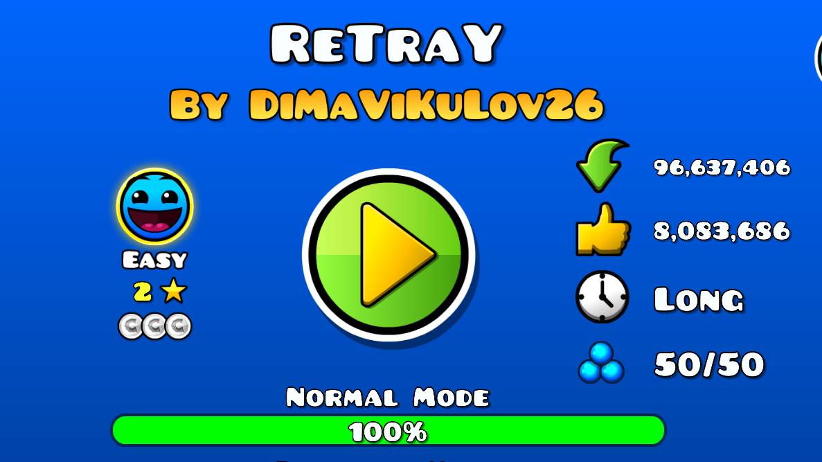 Прохождение уровня Retray(Easy 2 звезды) в Geometry Dash смотреть онлайн