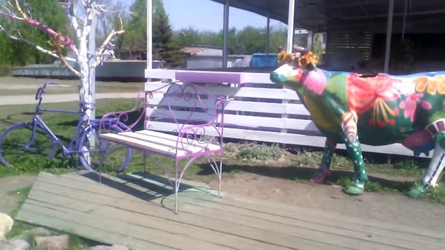 Корова скамейка и велосипед