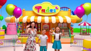 Семья машет руками около кондитерского магазина