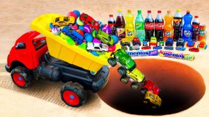 Colorful Toy Cars Jump Into Giant Hole with Coca Cola, Mentos & Ball Surprise Fun Learning for Kid
