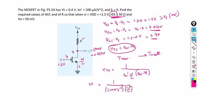 The MOSFET in Fig P5.54 has Vt = 0.4 V, kn’ = 500 μA/V^2, and λ = 0. Find the required values of W/ смотреть онлайн