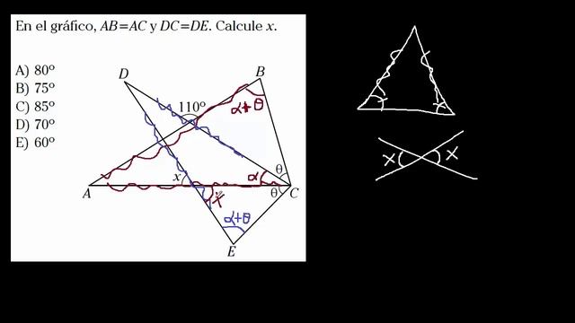 En el grafico, AB=AC y DC=DE calcule x , ejercicio resuelto de geometria смотреть онлайн
