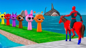 🍿 Поездка на лошади с Человеком-пауком, Цветной мост паука против акулы и коробка Спрунки, мультик