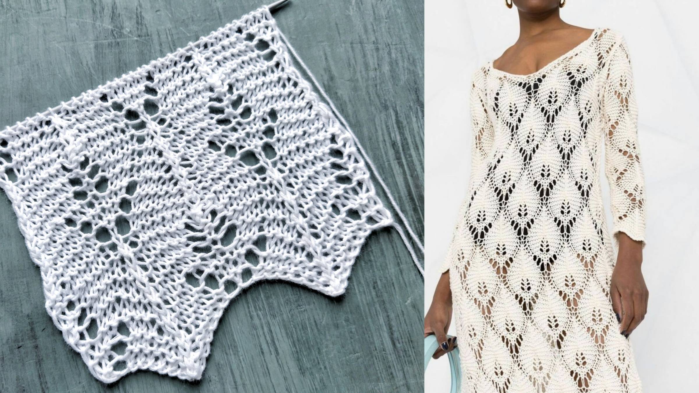 Большие ажурные листья на платочной вязке для джемпера, палантина смотреть онлайн