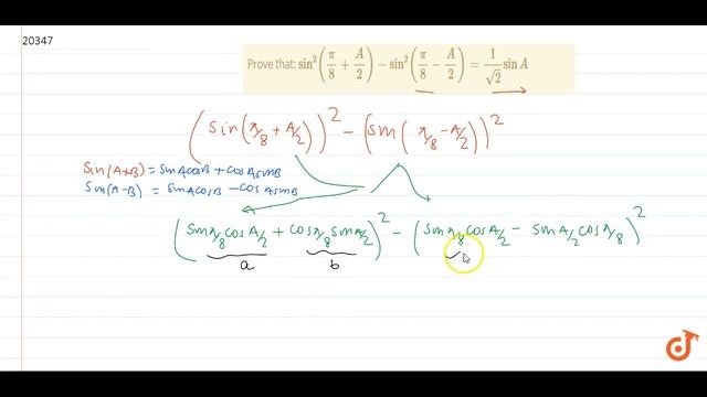 Prove that: `sin^2(pi/8+A/2)-sin^2(pi/8-A/2)=1/sqrt(2)sinA` смотреть онлайн