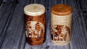 Два туеса, позитив и негатив. Мозаика из бересты.