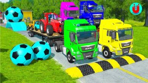 🍿 Грузовик с двойным бортовым прицепом против поезда Speedbumps против легковых автомобилей