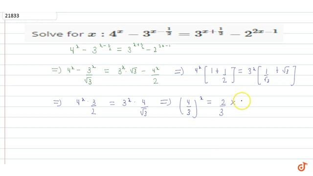 IIT JEE LOGARITHM Solve for `x :4^x-3^(x-1/2)=3^(x+1/2)-2^(2x-1)` смотреть онлайн