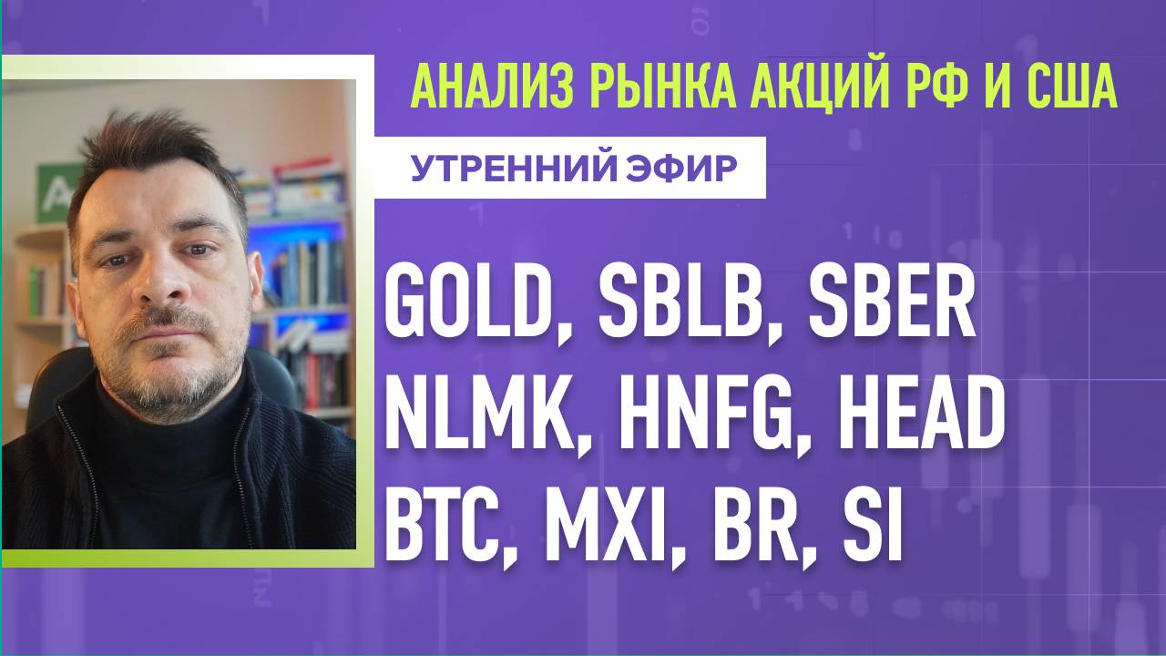 Анализ рынка акций РФ и США/ GOLD, SBLB, SBER, NLMK, HNFG, HEAD/ BTC, MXI, BR, SI