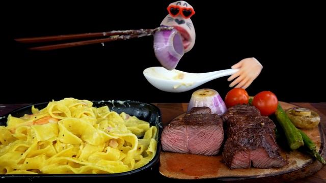 ASMR MUKBANG :) Creamy Bacon Pasta & Thick Beef Steak Eating Show! смотреть онлайн