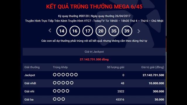 KQXS Mega 645 - KẾT QUẢ TRÚNG THƯỞNG MEGA 6/45 Thứ 4 ngày 26/04/2017 смотреть онлайн