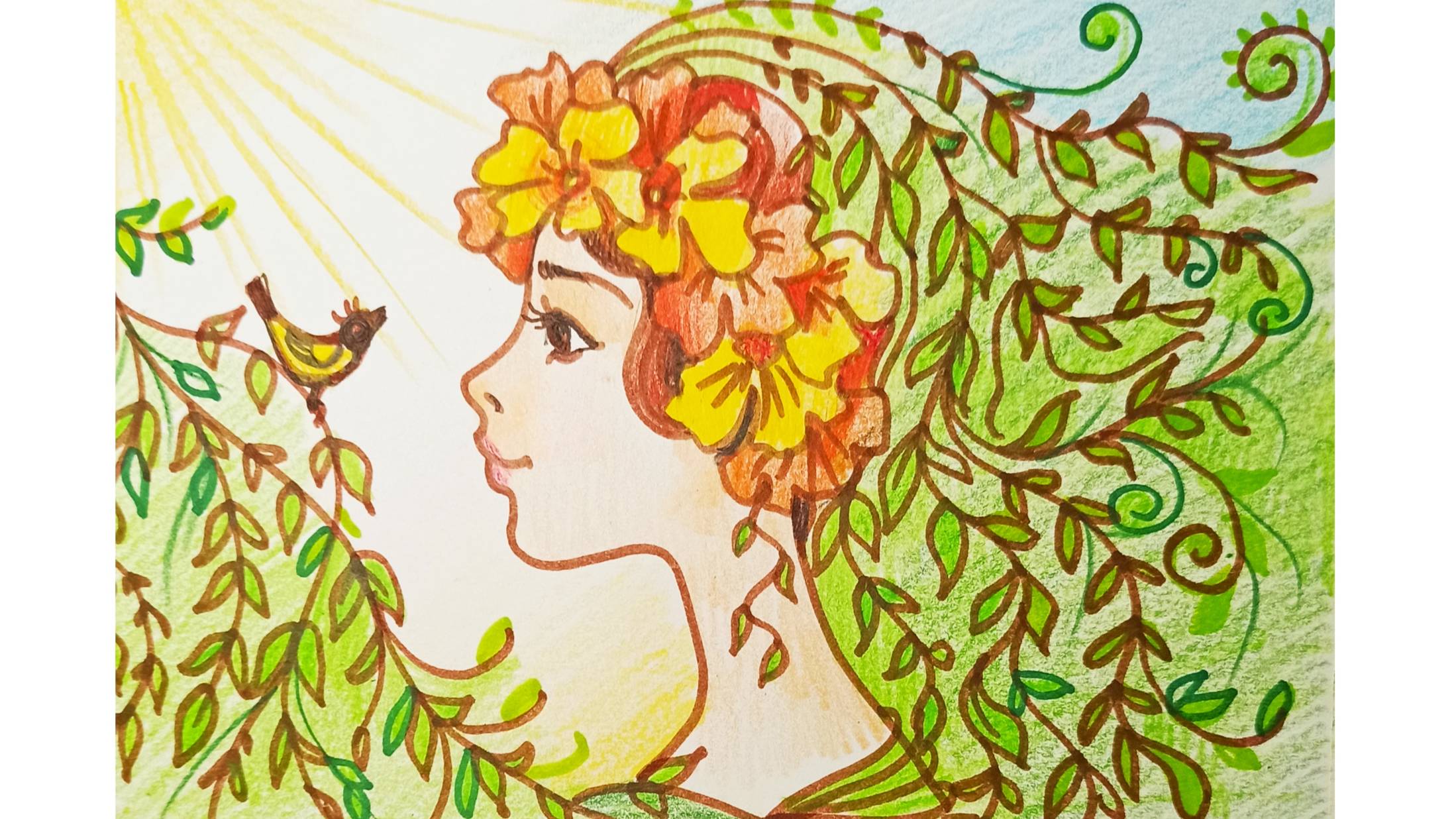 Девочка-весна. Рисунок маркерами и цветными карандашами. смотреть онлайн