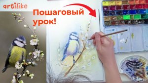 Рисуем синичку на ветке вербы. Пошаговый урок по акварели от школы Артилайк