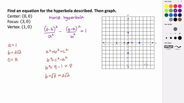 Writing The Equation Of A Hyperbola Given The Center, Vertex, And Focus