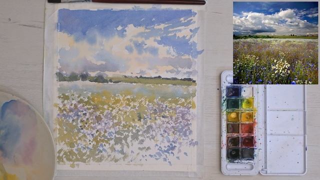 WATERCOLOR Painting TUTORIAL : How to Paint LANDSCAPE with a field of FLOWERS смотреть онлайн