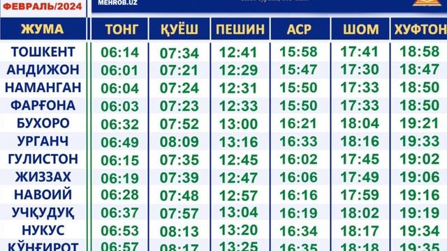 02.02.24 | 5 МАХАЛ НАМОЗ ВАҚТЛАРИ БАРЧА ВИЛОЯТЛАР /5 MAHAL NAMOZ VAQTLARI BARCHA VILOYATLAR /INFO U смотреть онлайн