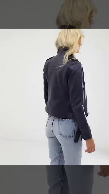 Coloured leather biker jacket in navy смотреть онлайн