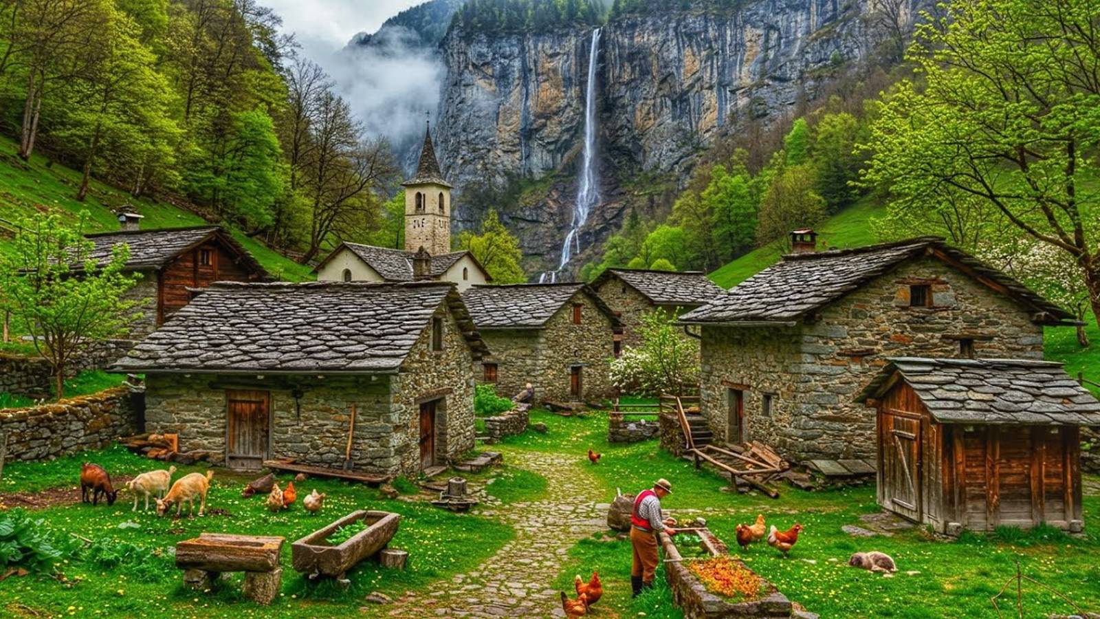 Сельская жизнь Швейцарии, деревня Маджиа. Весенняя пешеходная экскурсия в 4K 60 FPS. смотреть онлайн