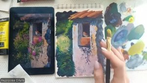 Гуашь. Птичка на окошке