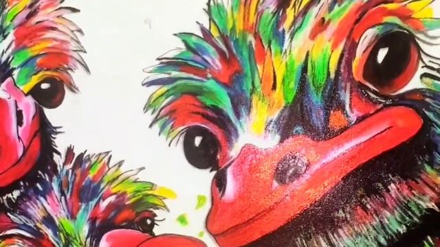 Яркая картина маслом "Страусиная семья" смотреть онлайн